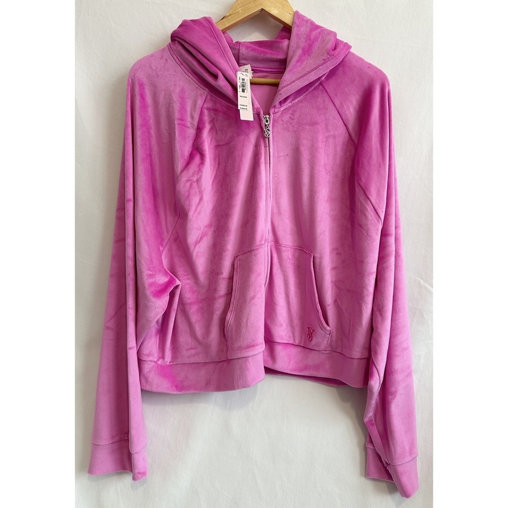 Victoria's Secret Jacket Velour Full Zip Hoodie Women XXL Semi Crop Top Pink